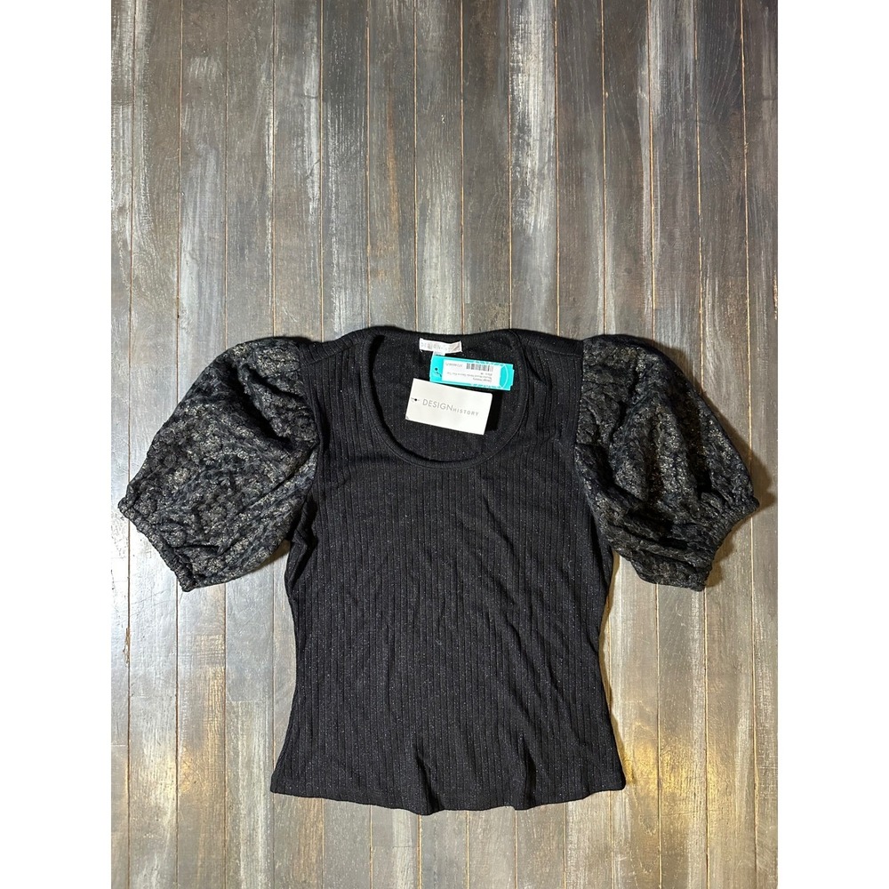 Design History Womens Metallic Ribbed Puff Sleeve Top Black Gold Scoop Neck NEW